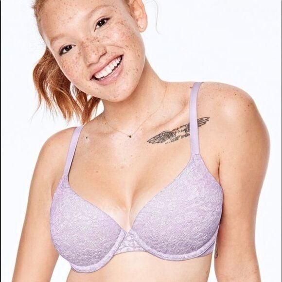 Victoria Secret Pink Wear Everywhere T Shirt Bra Purple & Silver Lace 34DD - Picture 1 of 9